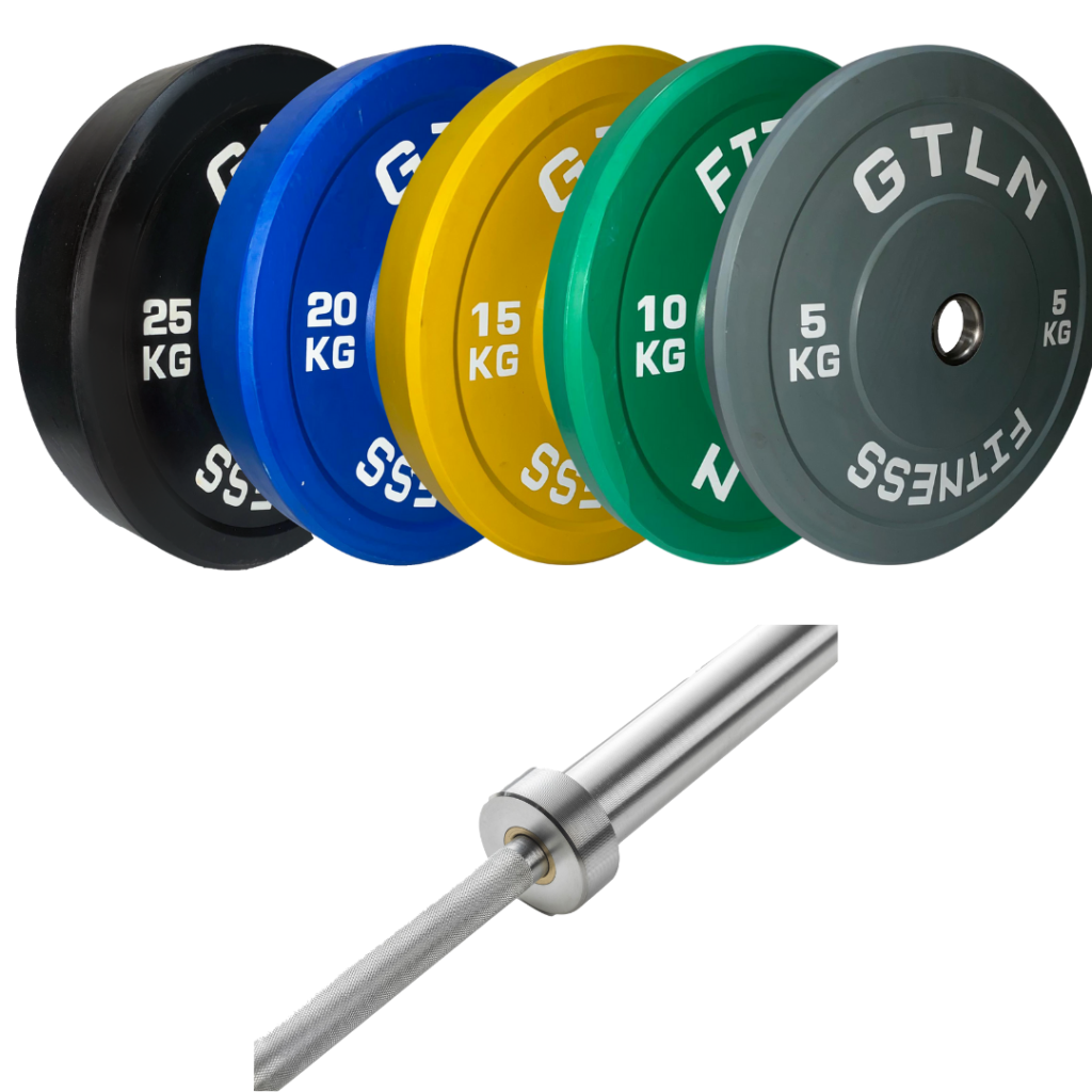 GTLN Olympic 7ft Barbell + 150kg Colour Rubber Bumper Plates